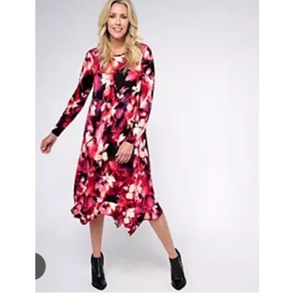 LOGO Lori Goldstein Womens Large Fall Floral Long Sleeve Ruffle Hem Dress pocket
